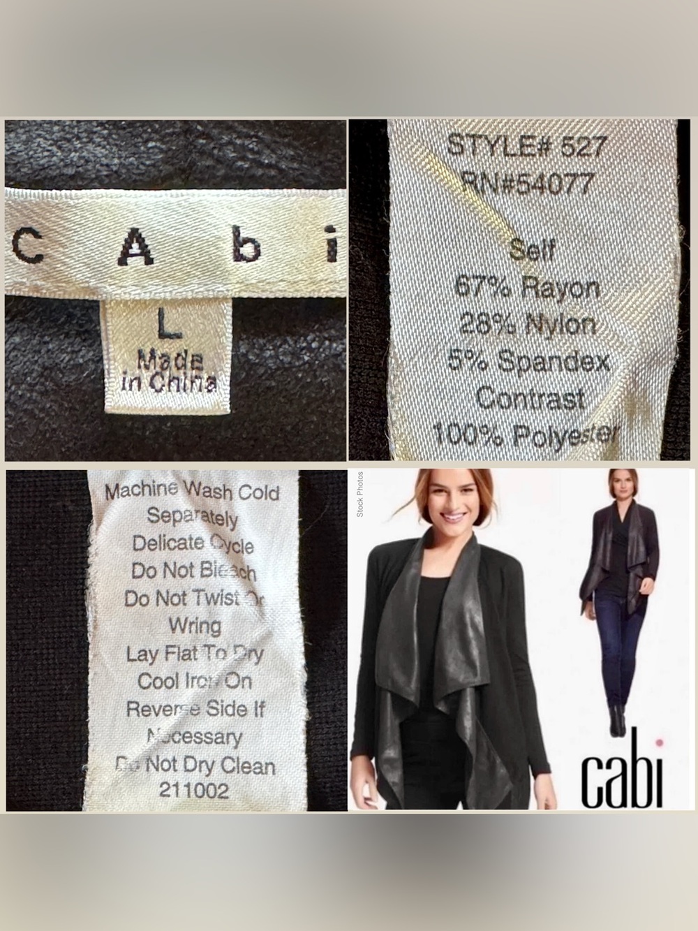 CAbi #527 Black Owens Jacket Waterfall Moto Faux Leather Trim Open Cardigan (L) - Picture 6 of 17